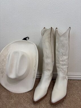 White Western Knee-High Leather Boots